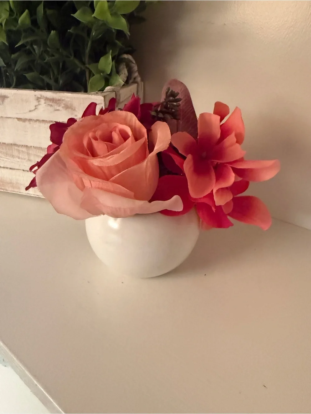 Small Faux Floral Arrangement White Ceramic Vase Burgundy Coral Flowers